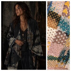 Kamana Kimono 2X Patchwork Velvet Lace Mix Media Open Front Bohemian Dark Moody
